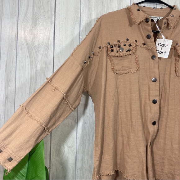 NEW Davi & Dani Studded Fringe Shirt Lightweight Layer Shacket Boho size S Small - Picture 10 of 12